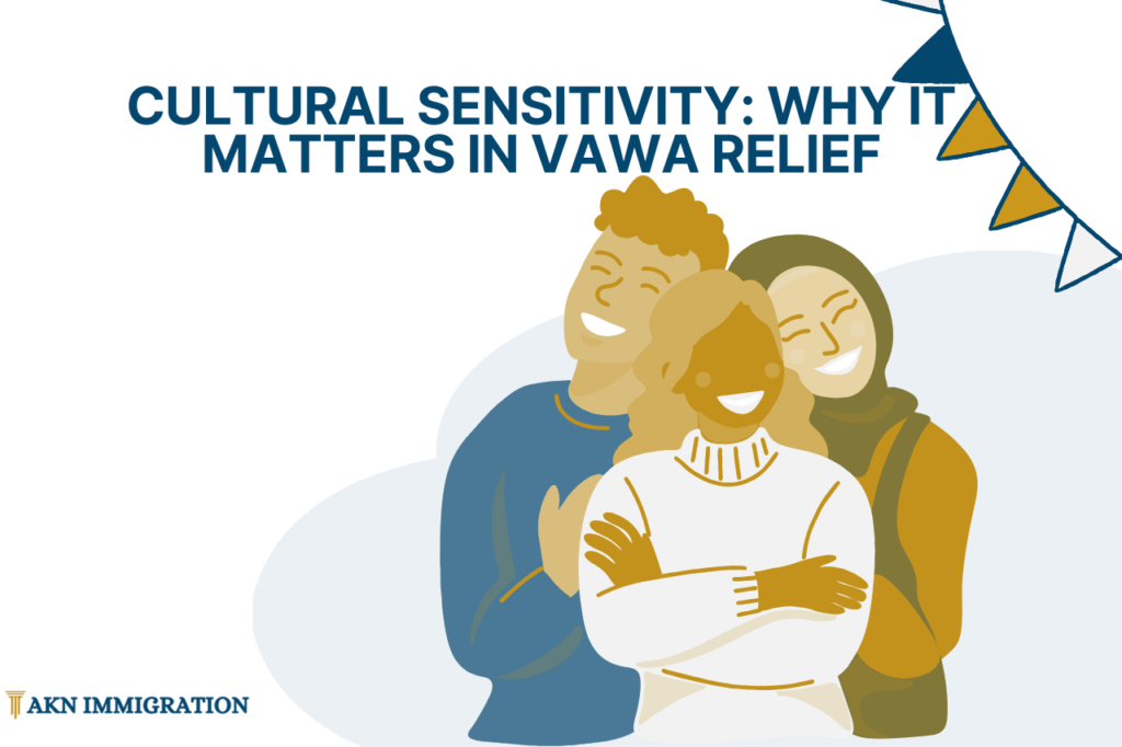 GRAPHIC OF THREE PEOPLE FROM DIFFERENT CULTURES EMBRACING Cultural Sensitivity: Why it Matters in VAWA Relief